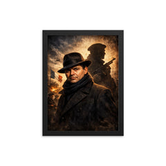 Jean Moulin in hat and Resistance shadow framed print on a plain backdrop in size 12"x16".