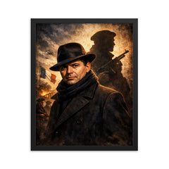 Jean Moulin in hat and Resistance shadow framed print on a plain backdrop in size 16"x20".