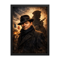 Jean Moulin in hat and Resistance shadow framed print on a plain backdrop in size 18"x24".