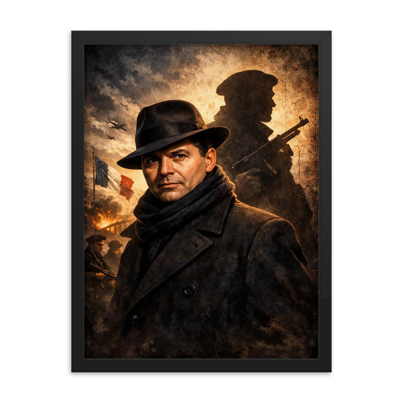 Jean Moulin in hat and Resistance shadow framed print on a plain backdrop in size 18