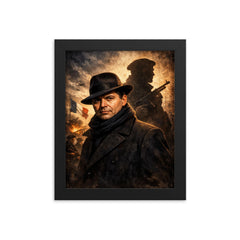 Jean Moulin in hat and Resistance shadow framed print on a plain backdrop in size 8"x10".
