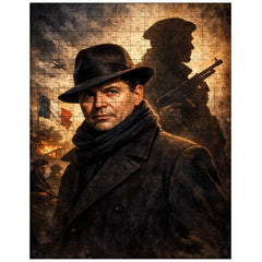 Jean Moulin in hat and Resistance shadow jigsaw puzzle