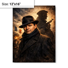 Jean Moulin in hat and Resistance shadow metal print on a plain backdrop in size 12"x16".