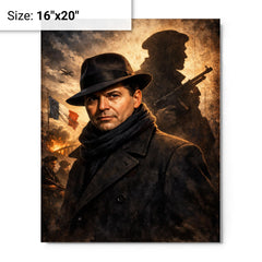 Jean Moulin in hat and Resistance shadow metal print on a plain backdrop in size 16"x20".