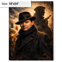 Jean Moulin in hat and Resistance shadow metal print on a plain backdrop in size 18"x24".