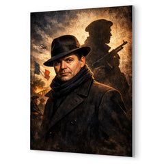 Jean Moulin in hat and Resistance shadow metal print mockup