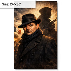 Jean Moulin in hat and Resistance shadow metal print on a plain backdrop in size 24"x36".