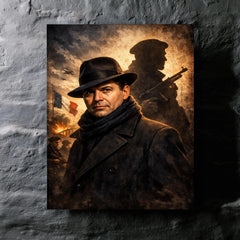 Jean Moulin in hat and Resistance shadow metal print mockup