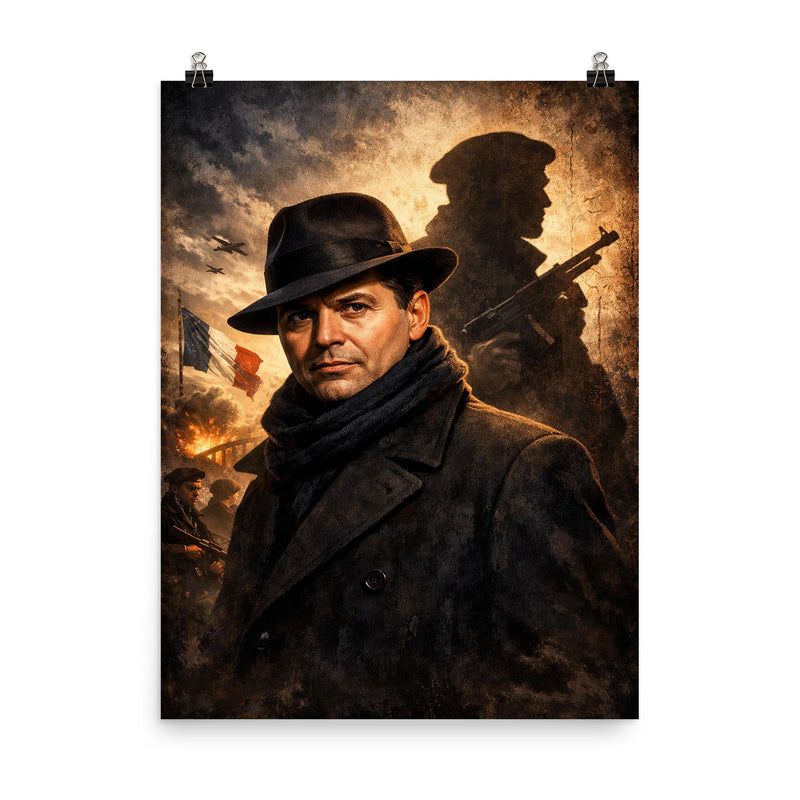 Jean Moulin in hat and Resistance shadow poster on a plain backdrop in size 8