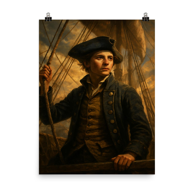 Jeanne Baret disguised aboard expedition ship poster on a plain backdrop in size 8