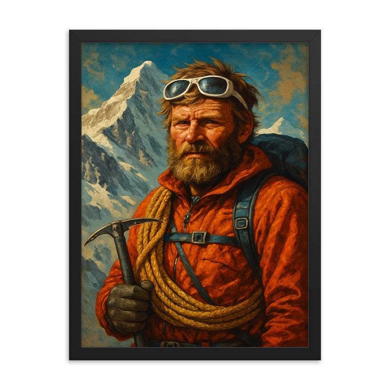 Jerzy Kukuczka framed print on a plain backdrop in size 18