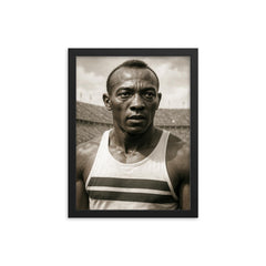 Jesse Owens portrait framed print on a plain backdrop in size 12"x16".