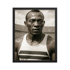 Jesse Owens portrait framed print on a plain backdrop in size 16"x20".
