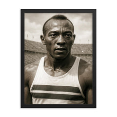 Jesse Owens portrait framed print on a plain backdrop in size 18"x24".