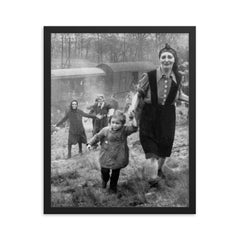 Jewish Prisoners Liberated from a Death Train, 1945 framed print on a plain backdrop in size 16"x20".