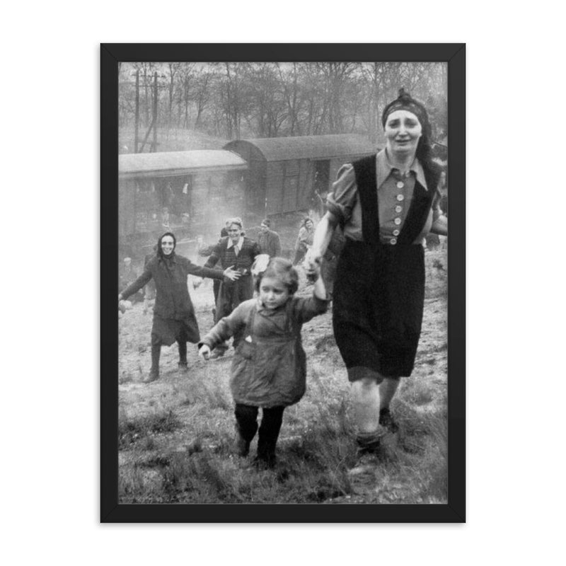 Jewish Prisoners Liberated from a Death Train, 1945 framed print on a plain backdrop in size 18