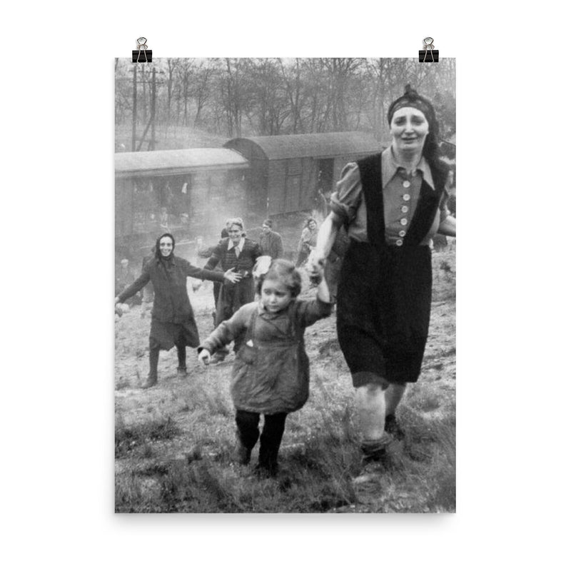 Jewish Prisoners Liberated from a Death Train, 1945 poster on a plain backdrop in size 8