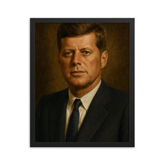 JFK portrait framed print on a plain backdrop in size 16"x20".