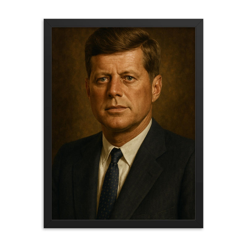 JFK portrait framed print on a plain backdrop in size 18
