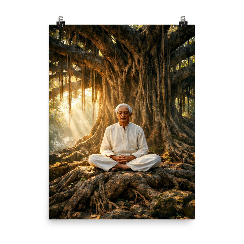 Jiddu Krishnamurti under enormous banyan tree poster on a plain backdrop in size 8