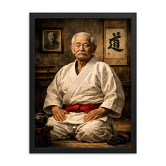 Jigoro Kano in austere dojo portrait framed print on a plain backdrop in size 18"x24".