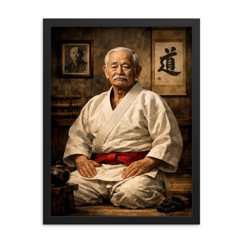 Jigoro Kano in austere dojo portrait framed print on a plain backdrop in size 18
