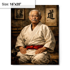 Jigoro Kano in austere dojo portrait metal print on a plain backdrop in size 16"x20".