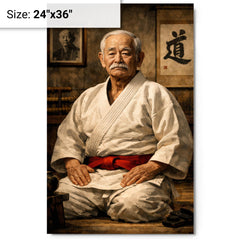 Jigoro Kano in austere dojo portrait metal print on a plain backdrop in size 24"x36".