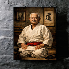 Jigoro Kano in austere dojo portrait metal print mockup