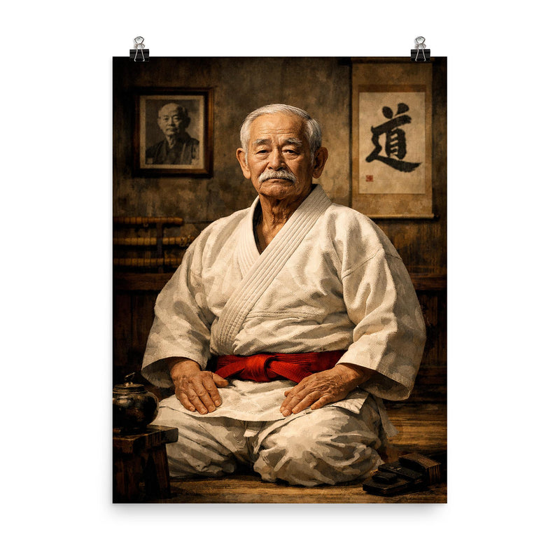 Jigoro Kano in austere dojo portrait poster on a plain backdrop in size 8
