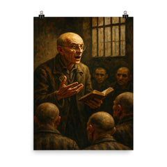 Józef Czapski lecturing from memory in prison poster on a plain backdrop in size 8"x10".