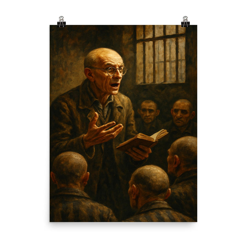 Józef Czapski lecturing from memory in prison poster on a plain backdrop in size 8