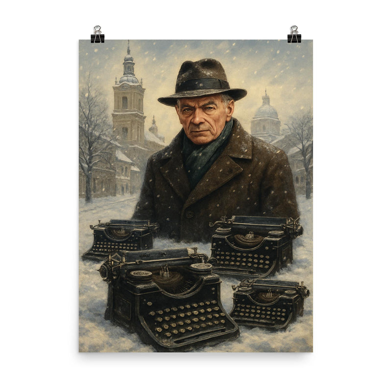 Józef Mackiewicz amid Wilno winter typewriters poster on a plain backdrop in size 8