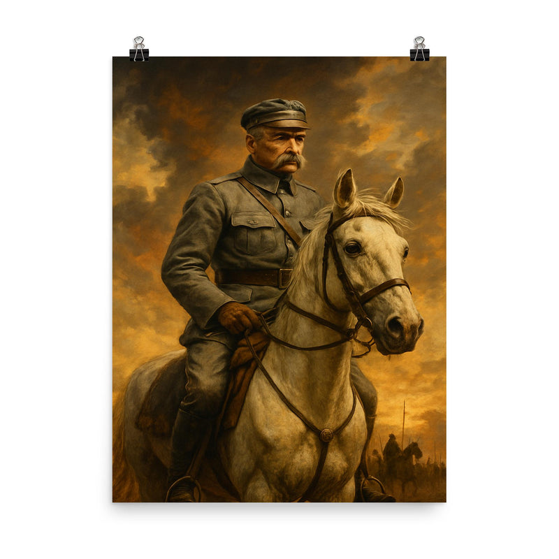 Józef Piłsudski on Kasztanka before battle poster on a plain backdrop in size 8