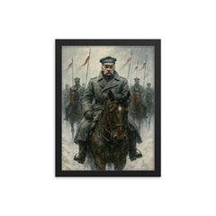 Józef Piłsudski with mounted lancers in snow framed print on a plain backdrop in size 12"x16".