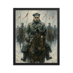Józef Piłsudski with mounted lancers in snow framed print on a plain backdrop in size 16"x20".