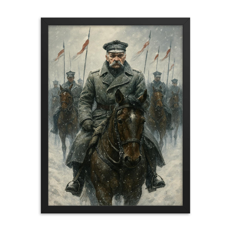 Józef Piłsudski with mounted lancers in snow framed print on a plain backdrop in size 18