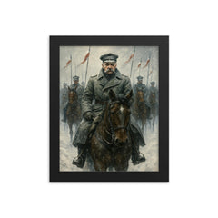 Józef Piłsudski with mounted lancers in snow framed print on a plain backdrop in size 8"x10".