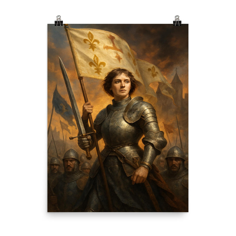 Joan of Arc armored before Orléans assault poster on a plain backdrop in size 8