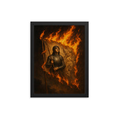 Joan of Arc banner in flames framed print on a plain backdrop in size 12"x16".