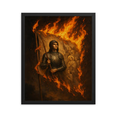 Joan of Arc banner in flames framed print on a plain backdrop in size 16"x20".