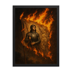 Joan of Arc banner in flames framed print on a plain backdrop in size 18"x24".