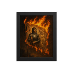 Joan of Arc banner in flames framed print on a plain backdrop in size 8"x10".