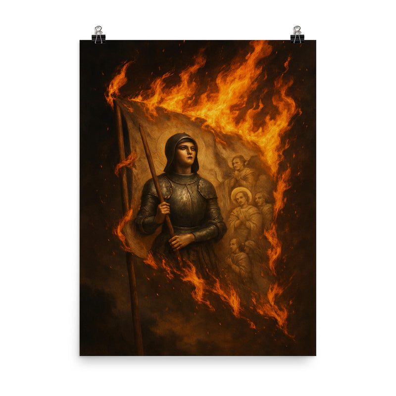 Joan of Arc banner in flames poster on a plain backdrop in size 8