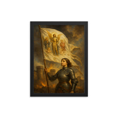 Joan of Arc banner in wind before Orleans walls framed print on a plain backdrop in size 12"x16".