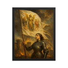 Joan of Arc banner in wind before Orleans walls framed print on a plain backdrop in size 16"x20".