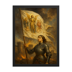 Joan of Arc banner in wind before Orleans walls framed print on a plain backdrop in size 18"x24".