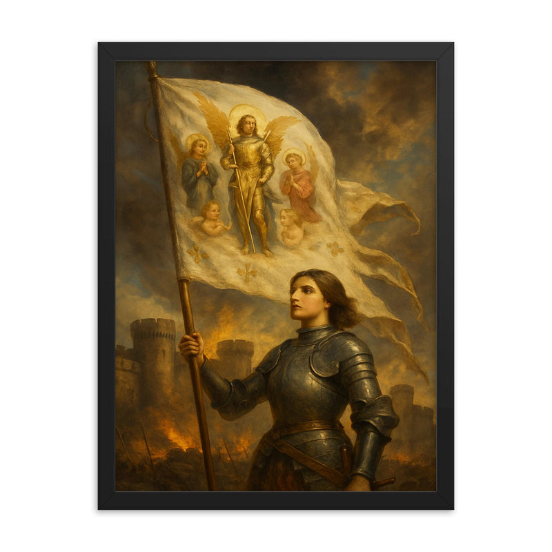 Joan of Arc banner in wind before Orleans walls framed print on a plain backdrop in size 18