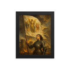 Joan of Arc banner in wind before Orleans walls framed print on a plain backdrop in size 8"x10".
