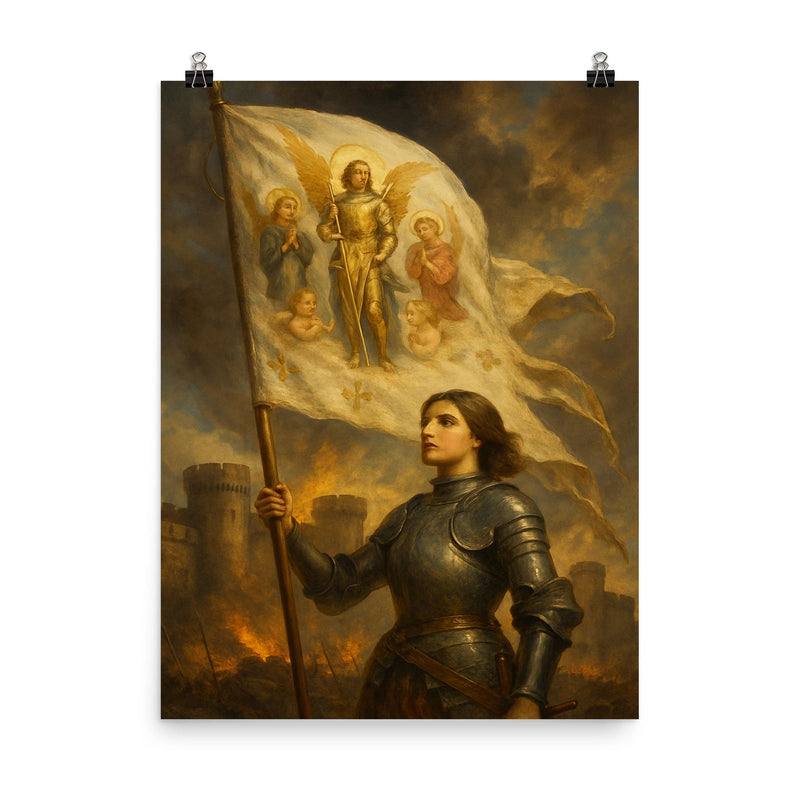 Joan of Arc banner in wind before Orleans walls poster on a plain backdrop in size 8